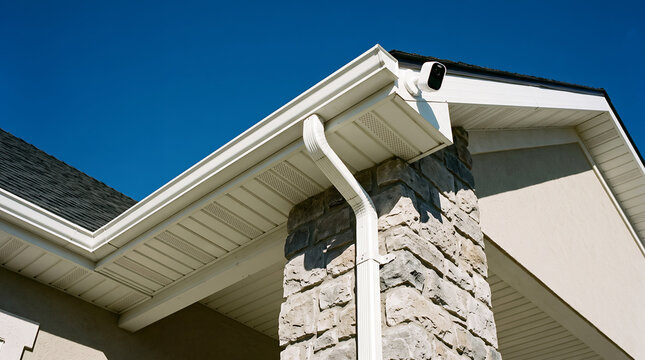 White rain gutter and downspout installed on a residential house exterior with stone pillar and security camera against a clear blue sky