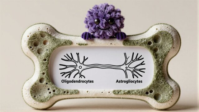 Purple fuzzy creature perched on bone-shaped diagram of brain cells.