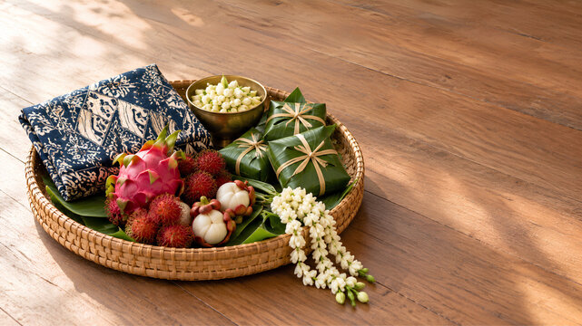 Indonesian wedding offerings on rattan tray with batik and jasmine