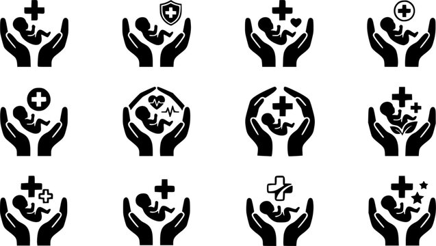 Fetus in hands with medical cross icon representing prenatal care pregnancy health maternity support neonatal medicine and infant wellness services
