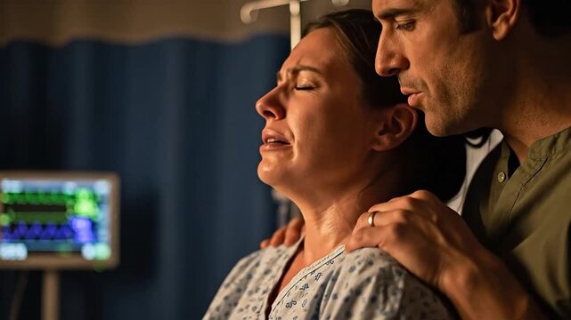 Woman in intense labor pain screaming during childbirth in a hospital room with medical monitors and her supportive partner