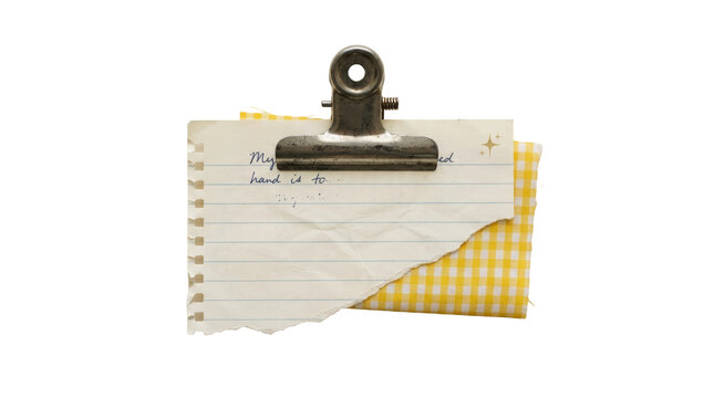Handwritten note on grunge paper with metal clip and gingham fabric on png background