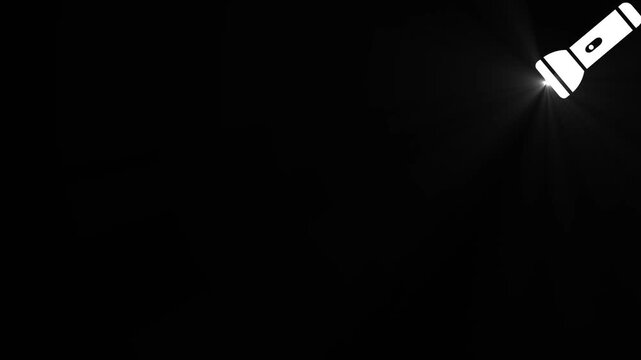 Flashlight torch icon shining bright light beam with lens flare effect isolated on dark black background, optical spotlight ray video overlay