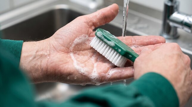 Close-up of hands being scrubbed with a green brush and soap under running water in a kitchen sink, emphasizing hygiene.