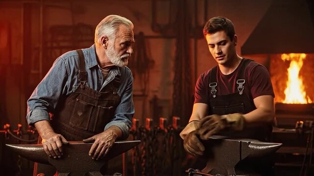 Elderly master blacksmith instructing a young male apprentice in a traditional forge representing mentorship and craftsmanship