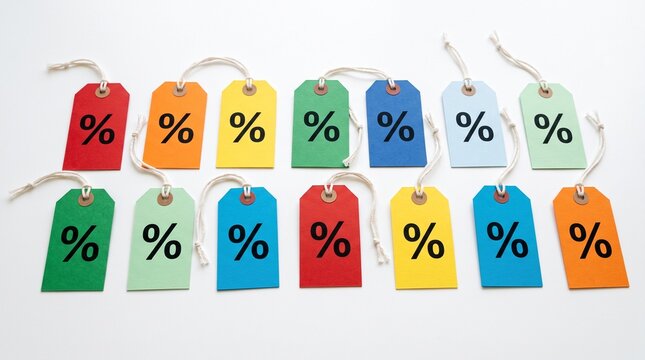 Colorful price tags with percentage symbols arranged in two rows on a white background