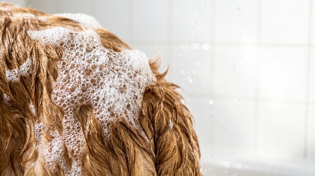 Close-up of a golden dog's wet fur covered in white shampoo bubbles during a bath