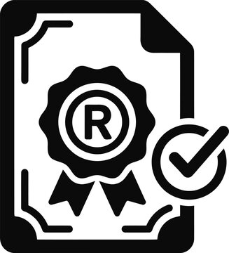 Black and white icon of a registered trademark document with a checkmark.