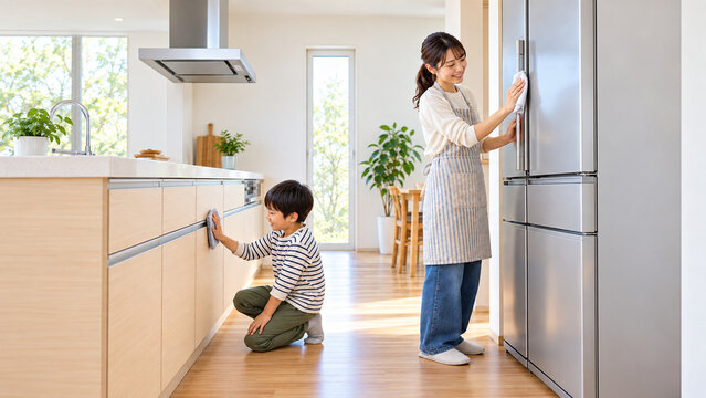 Mother and son sharing kitchen chores in a bright home，明るいキッチンで家事を分担して掃除する母親と男の子