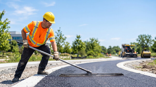 Diligent Road Worker Meticulously Smoothing Fresh Asphalt on a Newly Constructed Roadway