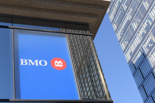 corner window with corporate logo sign of BMO Bank of Montreal branch at 438 University Av, Toronto