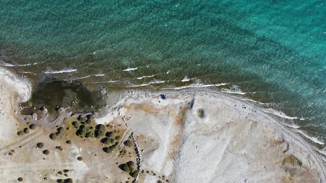 Aerial view of shoreline of Pangong Tso in Ladakh