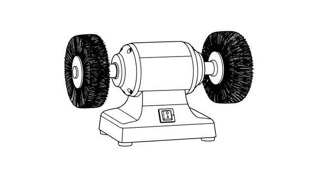 Black outline vector icon of a dual-wheel buffer machine with cylindrical motor base switch and bristled discs drawn with thin black lines in centered side composition demonstrating workshop value