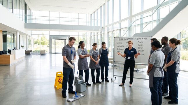 Female manager briefing diverse cleaning team on daily assignments in modern corporate building lobby
