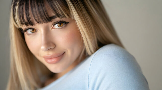 Charming young blonde woman with bangs and long hair smiling gently in soft studio portrait against light background showing natural beauty calm.