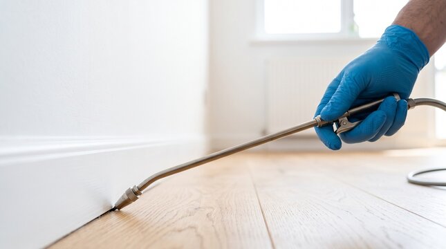 Pest control technician spraying insecticide into baseboard gap in modern home for infestation prevention