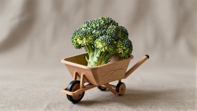 Fresh broccoli sits in a tiny wooden cart, ready for delivery.