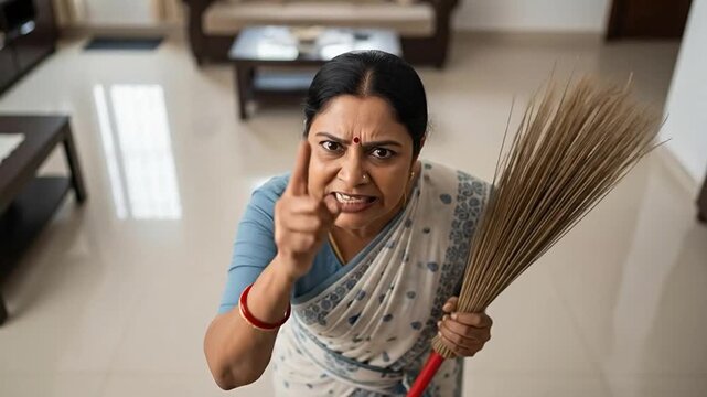 Furious middle aged Indian woman holding a broom and scolding angrily at home