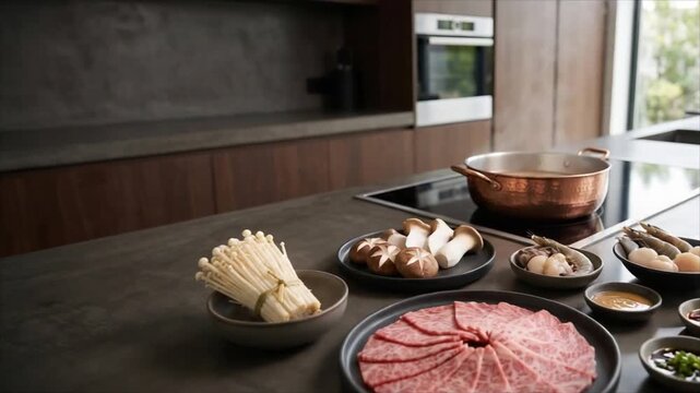 Raw marbled beef, mushrooms and enoki arranged beside a hot pot in a modern kitchen. Japanese meal preparation with broth and dipping sauces.