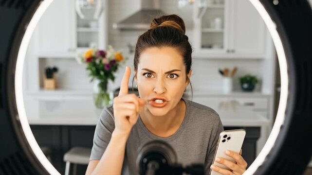 Shocked young woman influencer recording video reaction with smartphone and ring light in kitchen, conceptual image representing unexpected news