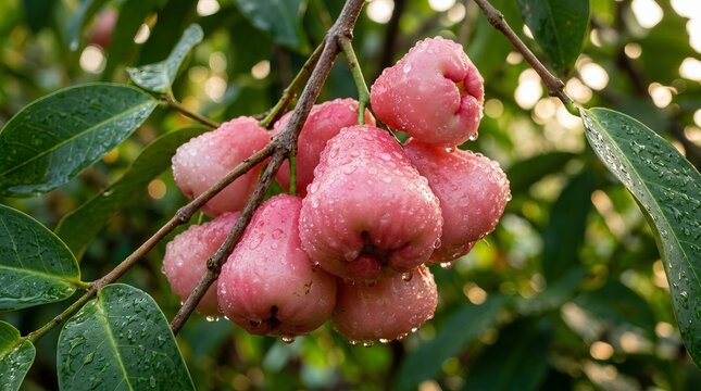 Fresh Jambu Air Wax Apple Growing on Tree in Tropical Orchard