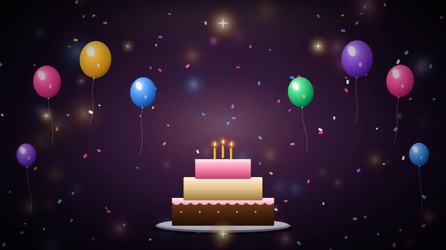 Festive birthday celebration with colorful balloons, golden confetti bursting, a glowing layered cake with candles, floating sparkles and soft bokeh on a warm dark background, seamless loop