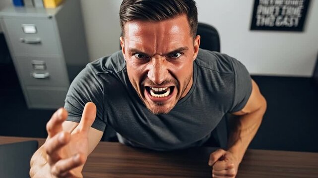 Angry Caucasian man shouting and leaning over office desk with aggressive expression representing workplace stress and conflict