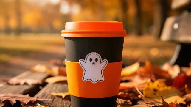 Halloween coffee cup with a ghost design sits among autumn leaves on a park bench. Seasonal takeaway beverage and fall celebration concept.