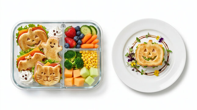 Healthy Halloween bento box with pumpkin ghost and cat shaped sandwiches fruits and vegetables next to decorated plate on white background