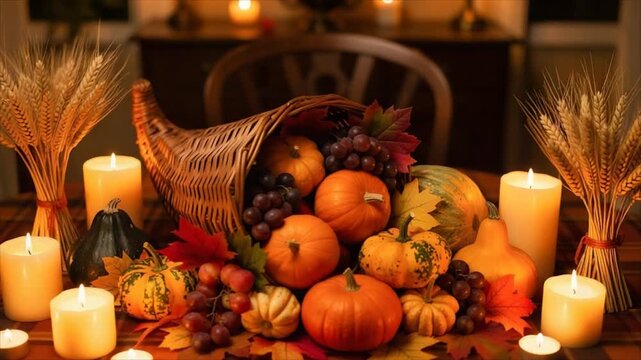 Autumn harvest centerpiece with pumpkins, grapes, wheat and candles. Thanksgiving table decor celebrating seasonal abundance.
