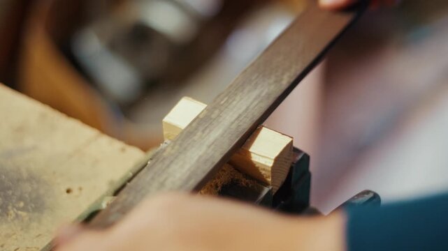 Close-up of a craftsman using a metal file to shape and smooth a wooden piece clamped in a vise. Authentic DIY woodworking footage for craft, carpentry and maker projects