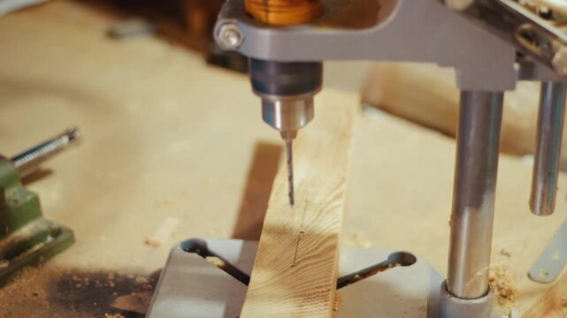 Close-up of a craftsman using a drill press to bore a hole into a wooden plank in a workshop. Authentic DIY woodworking footage for construction, carpentry and maker projects