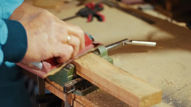 Close-up of a craftsman using a red sanding block to smooth a wooden plank by hand in a workshop. Authentic DIY woodworking footage for craft, carpentry and maker projects