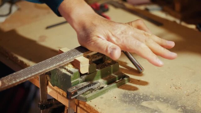 Close-up of a craftsman using a metal file to shape and smooth a wooden piece clamped in a vise. Authentic DIY woodworking footage for craft, carpentry and maker projects