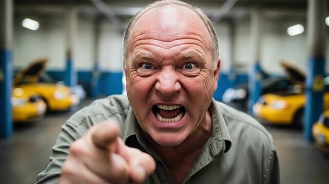 Angry senior mechanic man pointing finger at camera in auto repair garage representing customer complaint and frustration