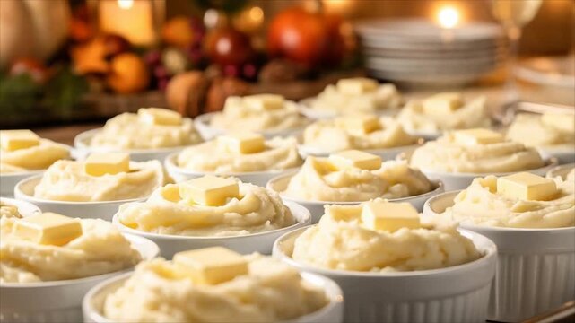 Rows of mashed potatoes topped with butter in ceramic ramekins. Comfort food side dish for a buffet or catered meal.