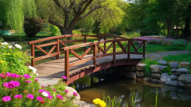 wooden bridge on a small river and blooming flowers . seamless looping time-lapse virtual video Animation Background.