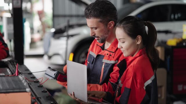 Mechanic moves from the laptop keyboard to the red test clip while checking an electric car battery with a colleague