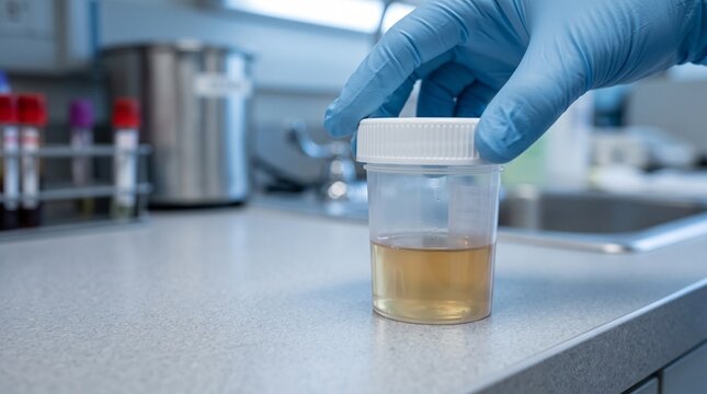Gloved hand holding a urine sample container in a medical laboratory setting for diagnostic testing.