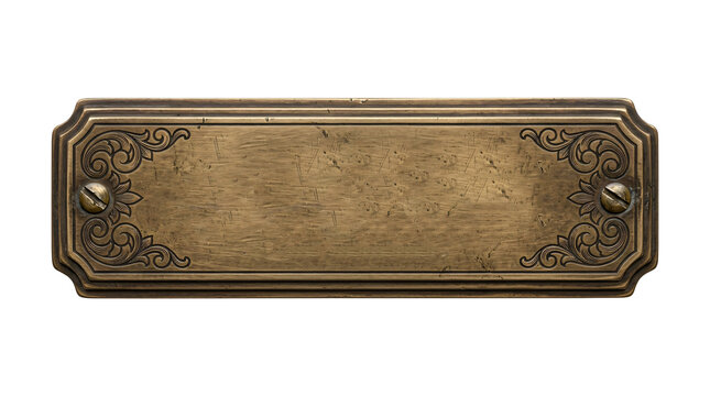 Vintage brass metal nameplate featuring ornate floral corner carvings and screw fasteners on transparent background