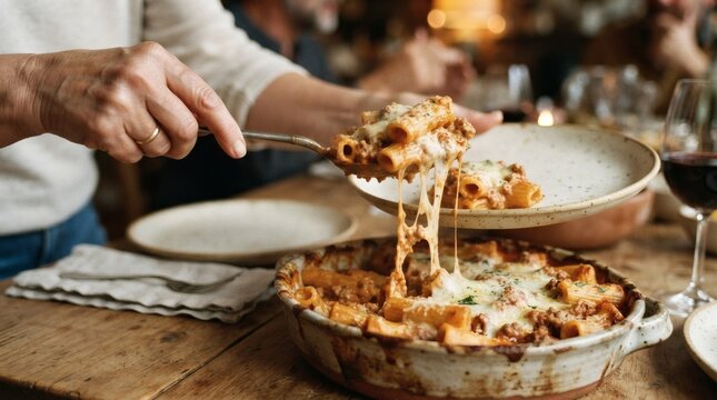 Serving cheesy baked ziti pasta from a casserole dish at a family dinner