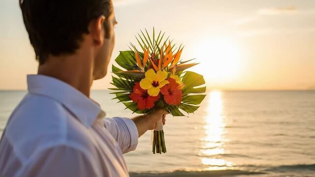 Man holding a tropical flower bouquet with bird of paradise and hibiscus at sunset by the ocean for a destination wedding