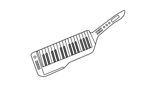Black outline vector icon of a keytar shoulder keyboard with piano keys, long narrow neck with round buttons and sliders plus end controls drawn with thin lines in centered orientation for stage use