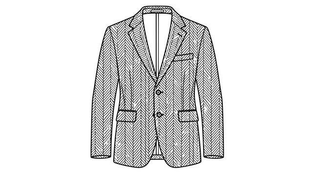 Black outline vector icon of a herringbone sports jacket with notched lapels flap pockets and two buttons rendered in thin lines in centered front view emphasizing chevron weave texture