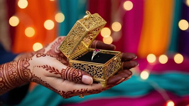 Traditional Indian wedding ring in a golden box held by hands with henna art for engagement celebration concepts