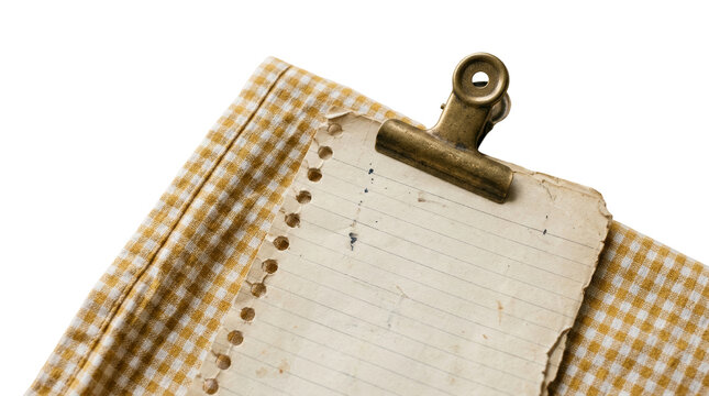 Aged lined paper document with brass clip on png background for academic layouts