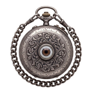 Antique ornate pocket watch with eye motif on transparent background
