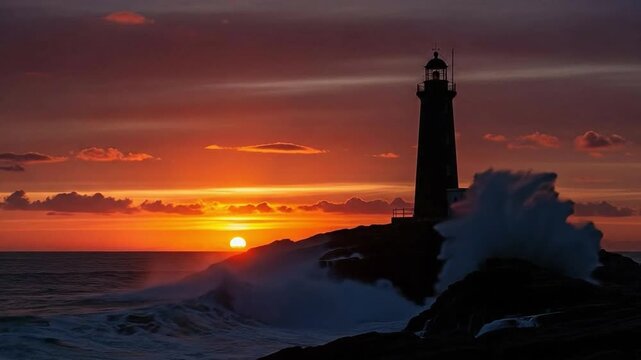 Dramatic sunset silhouette of a coastal lighthouse with crashing ocean waves on rocky shore