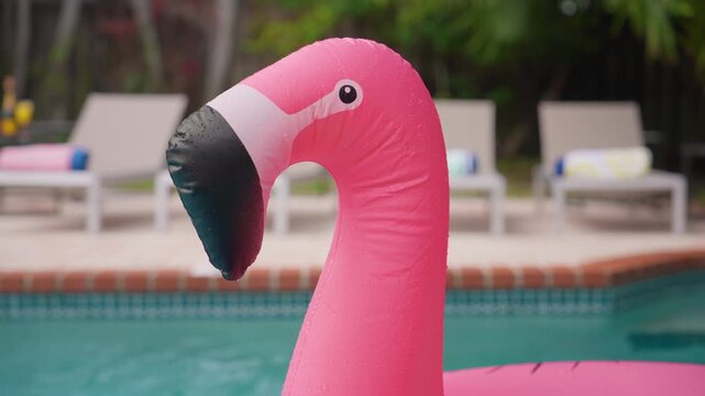 Pink inflatable flamingo float with water drops on its head and black beak in a turquoise pool. Close up with white lounge chairs, rolled towels, tiled pool edge and green trees blurred behind.
