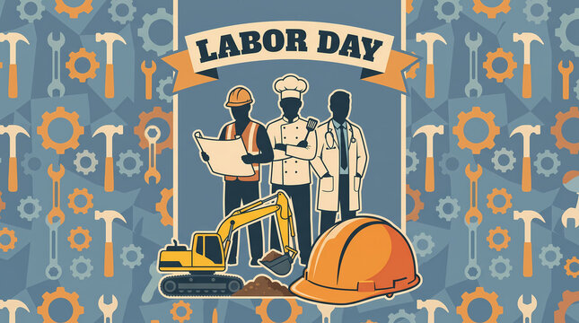 labor day vector illustration of diverse working people professions builder cook doctor construction pattern helmet excavator for poster greeting card flyer design